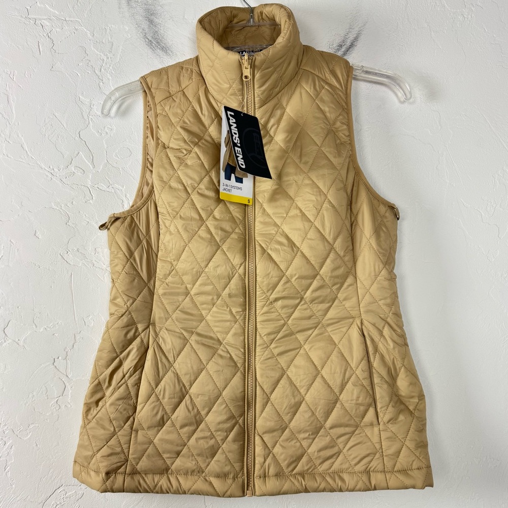 Lands End Vest Jacket Puffer 3-1 Systems Quilted Beige Tan Cream Solid‎ Light